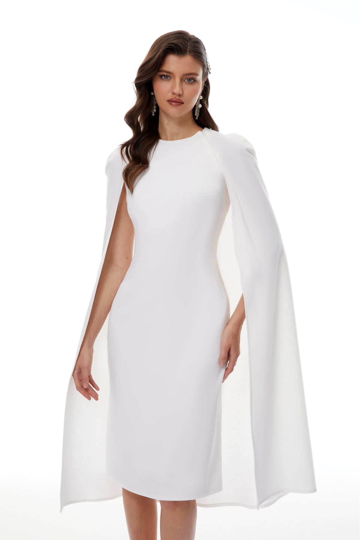 White Cape Effect Midi Dress