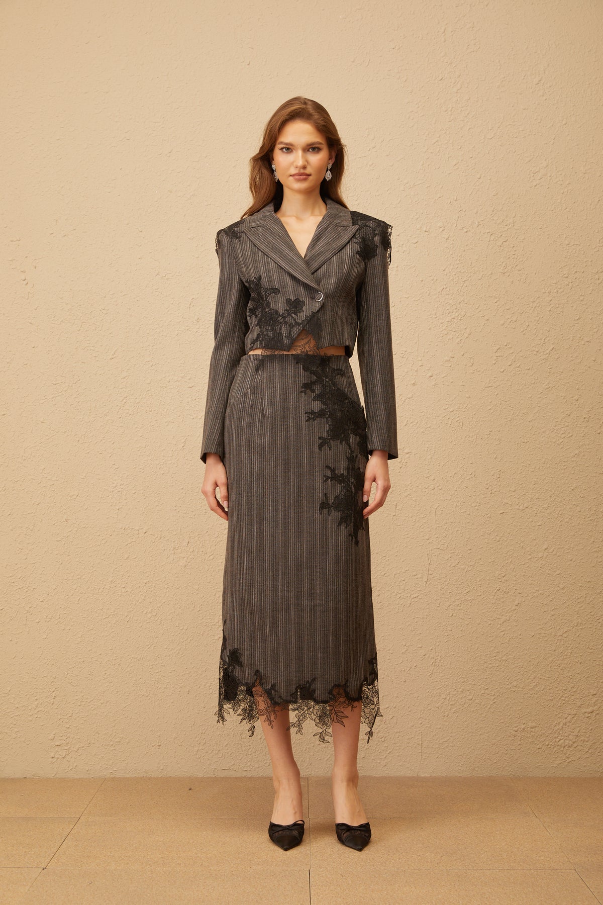 Grey Floral Appliqué Striped Blazer & Skirt Set