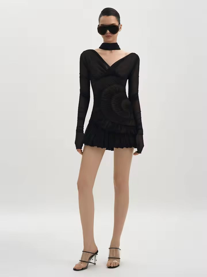 V Neck Mesh Bubble Mini Dress