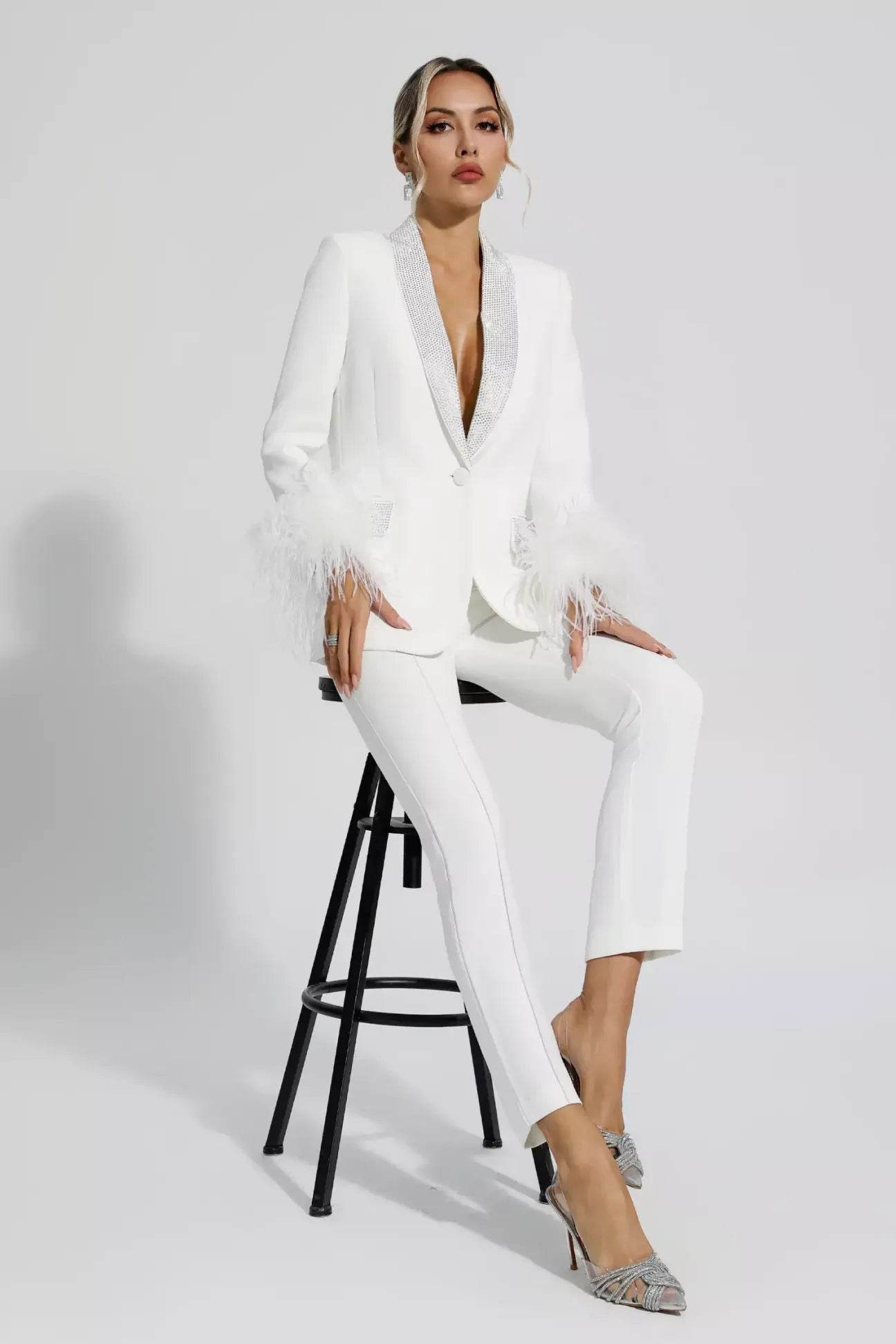 Angel White Feather Trim Diamond Blazer Set - REBECATHELABEL