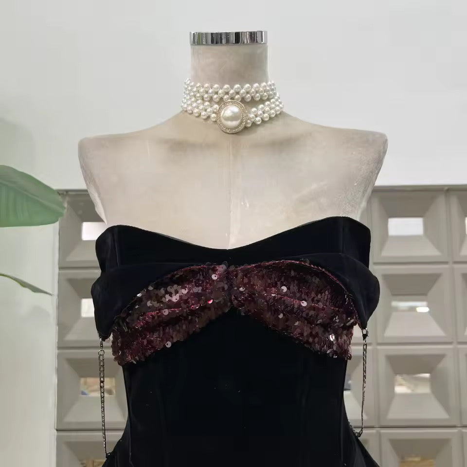 Spaghetti Sequin Velvet Mini Dress