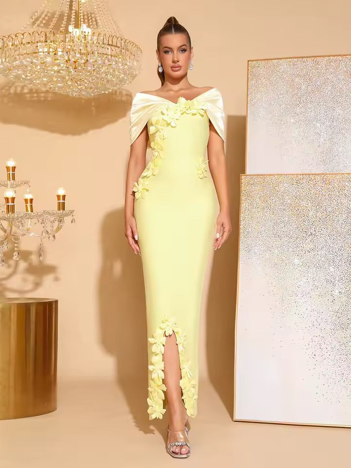 Off Shoulder Splicing Appliques Tight Long Bandage Dress