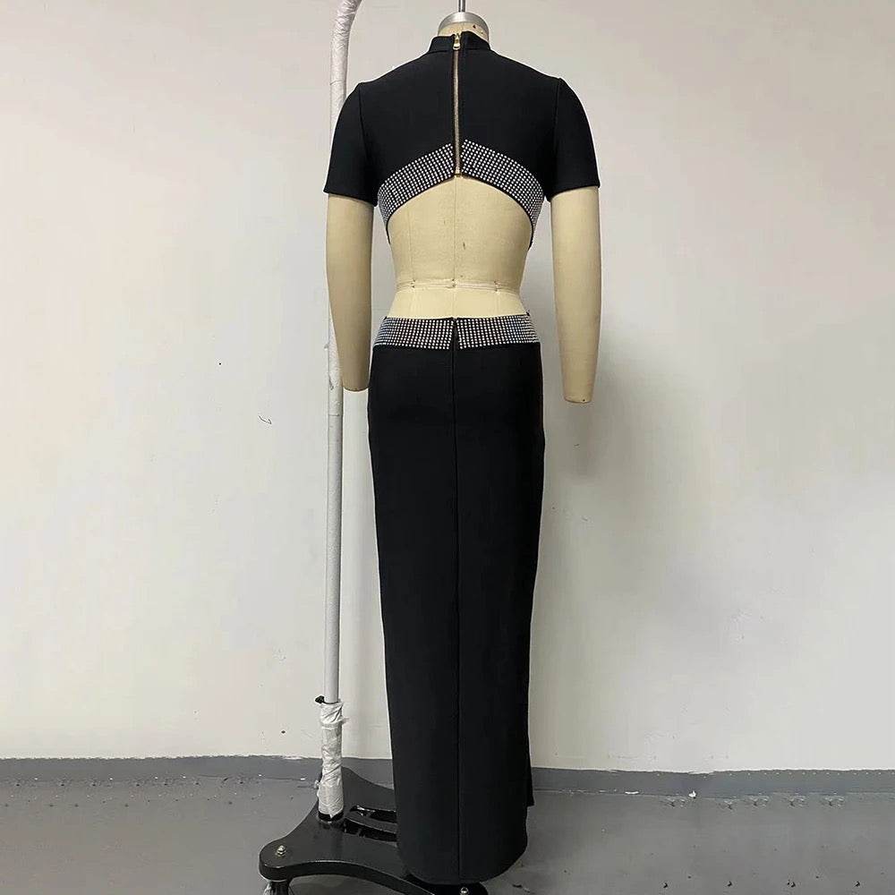 Short sleeved Hollow Diamond Sexy Backless Tight Long Bandage dress - REBECATHELABEL