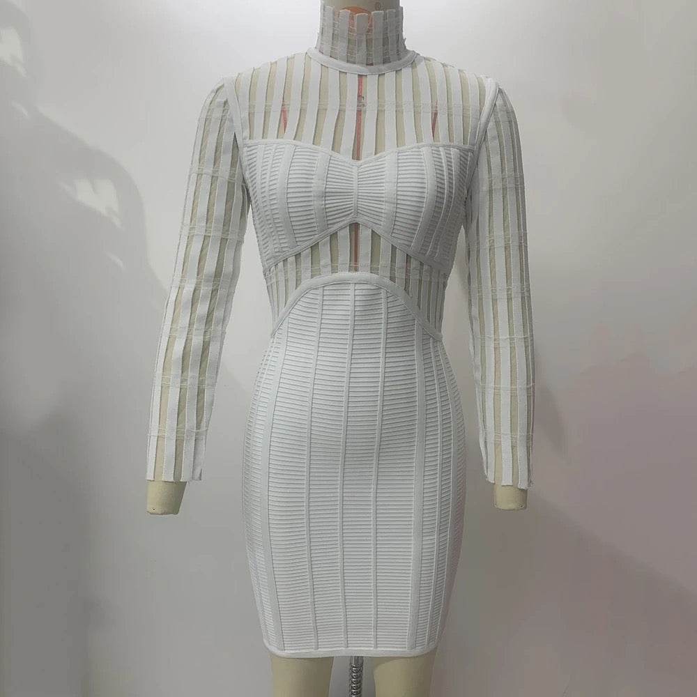 Patchwork Mesh Tight Long Sleeve Mini Bandage Dress - REBECATHELABEL