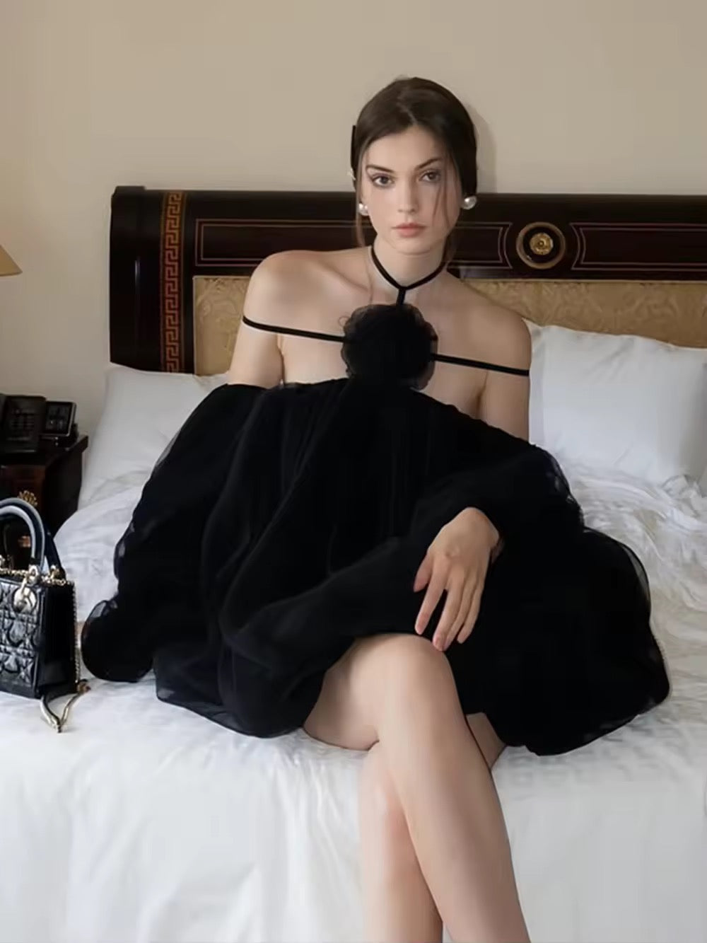 Loose Sexy Flower Mesh Off Shoulder Halter Mini Dress