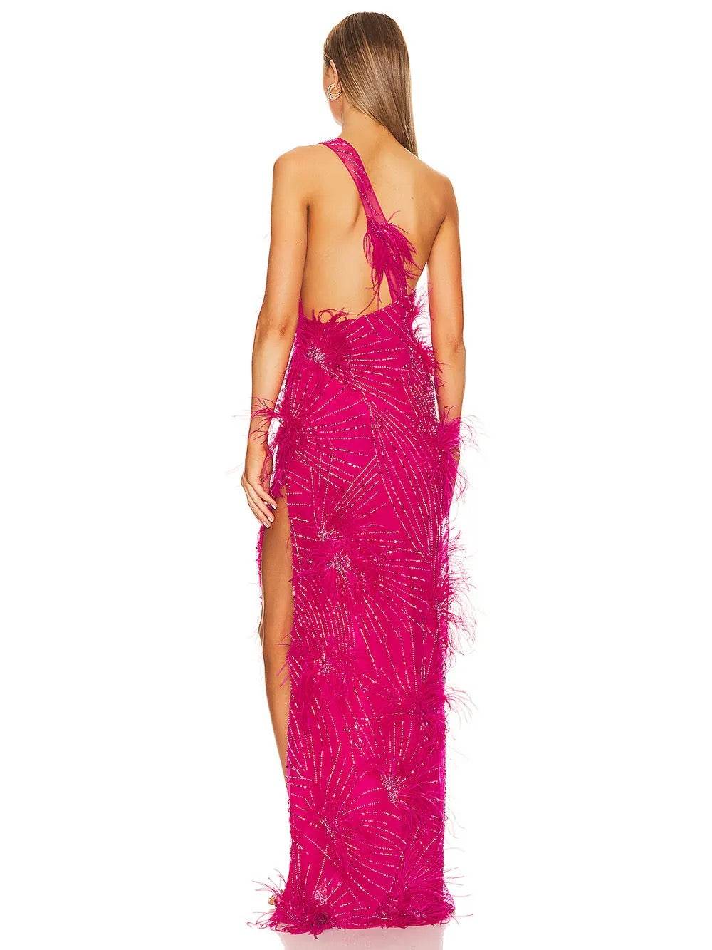 Beaded Sequin Feather Single Shoulder Sleeveless Bodycon dress - REBECATHELABEL