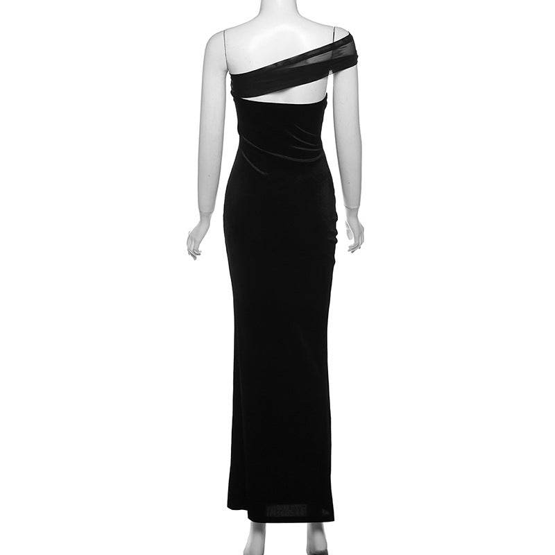 Stitching Oblique Shoulder Tube Top Backless Sexy Slim Fit Dress - REBECATHELABEL