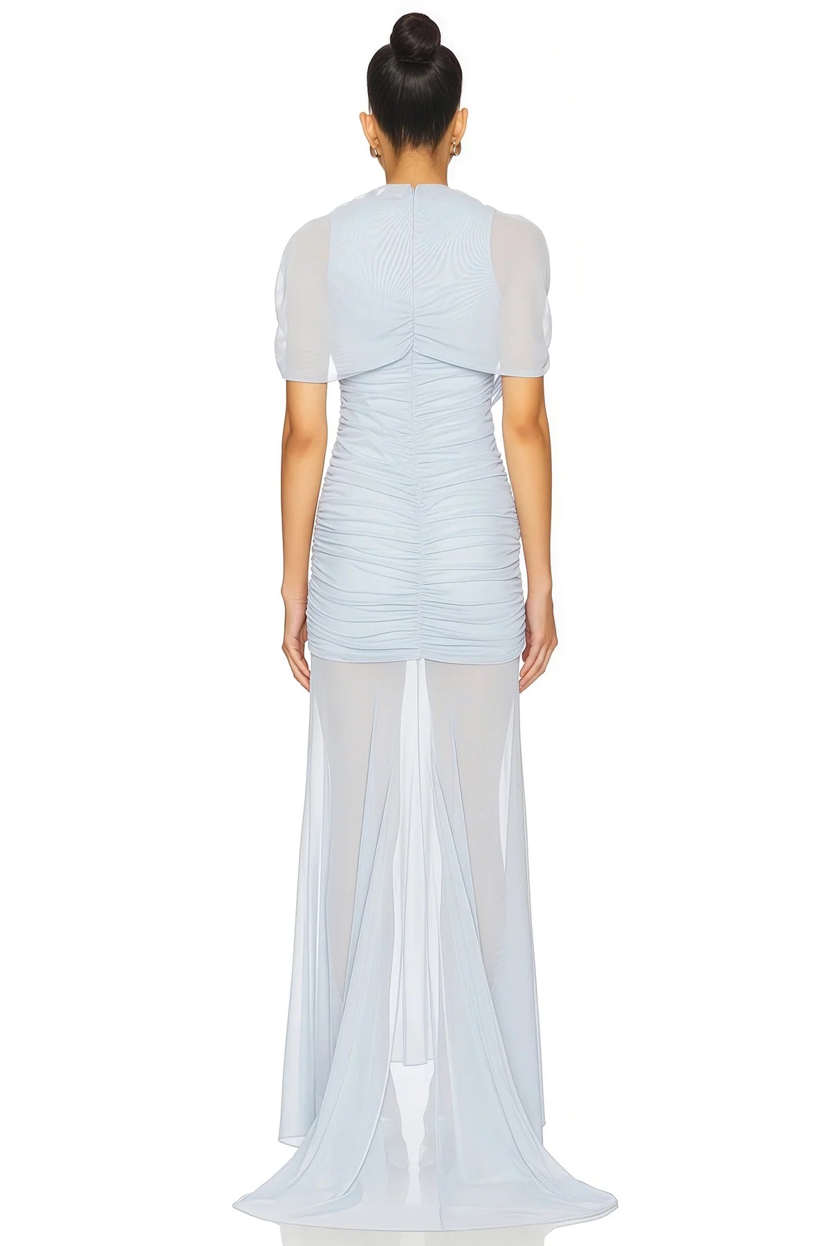 Blue Asymmetrical Ruched Mesh Maxi Dress