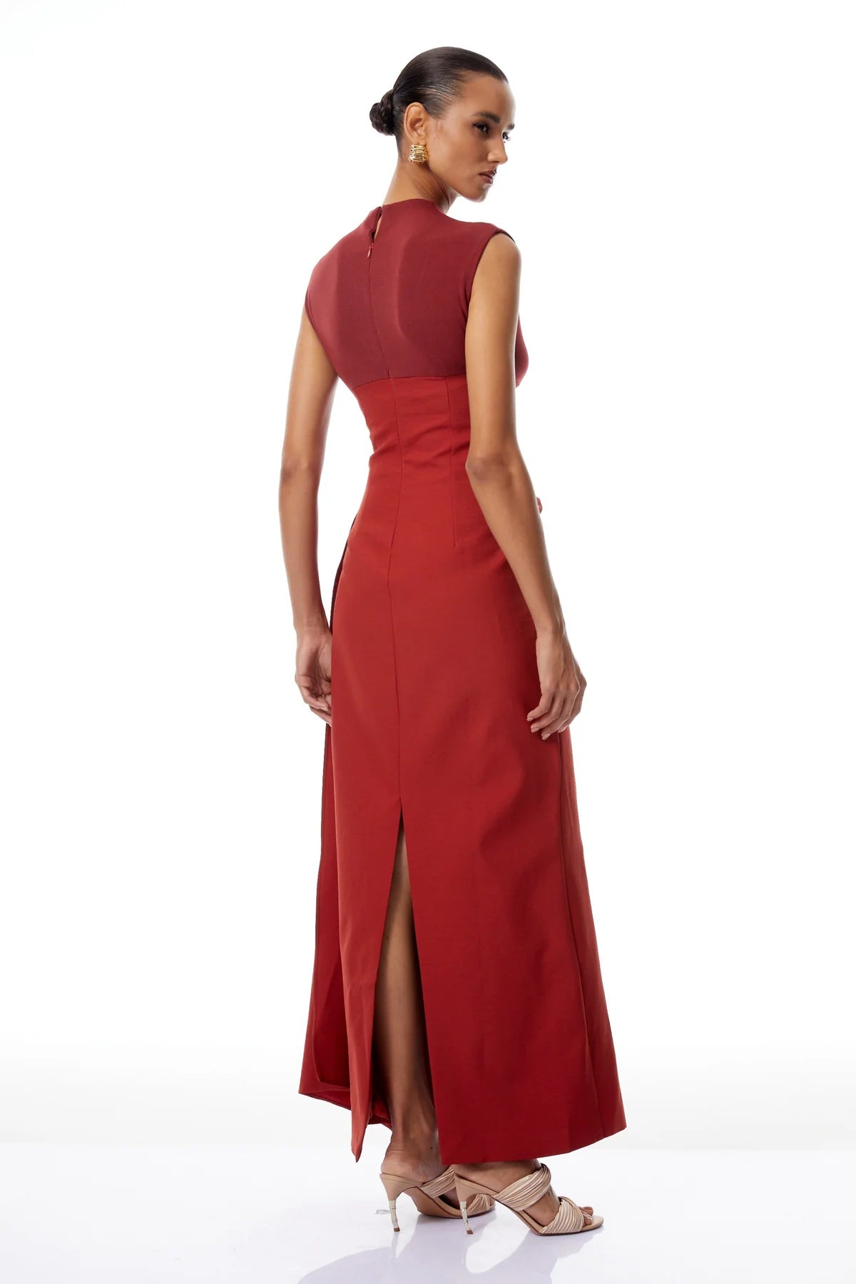 Red Knit Panel Gathered Maxi Dress
