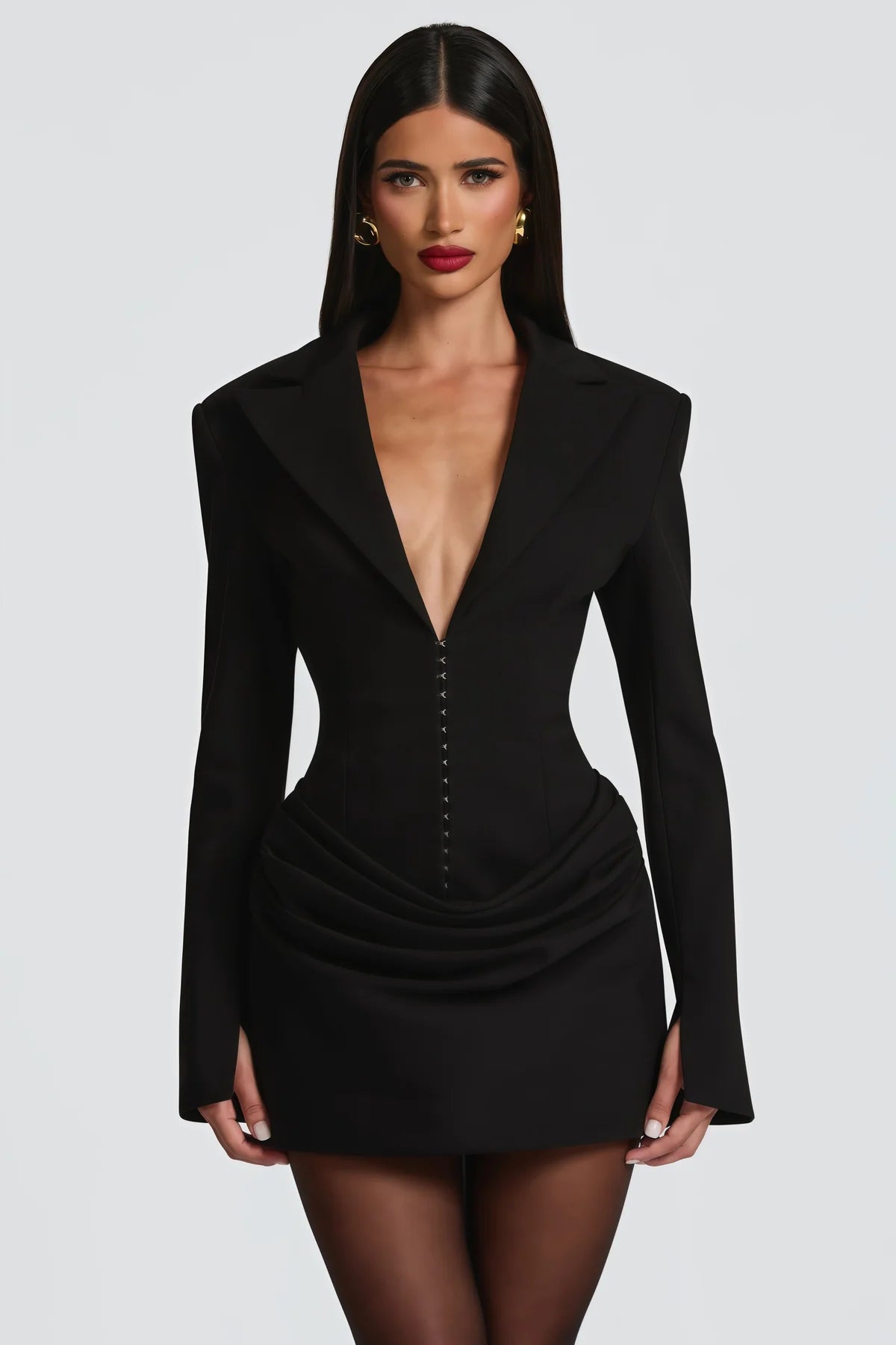 Black Ruched Blazer Mini Dress