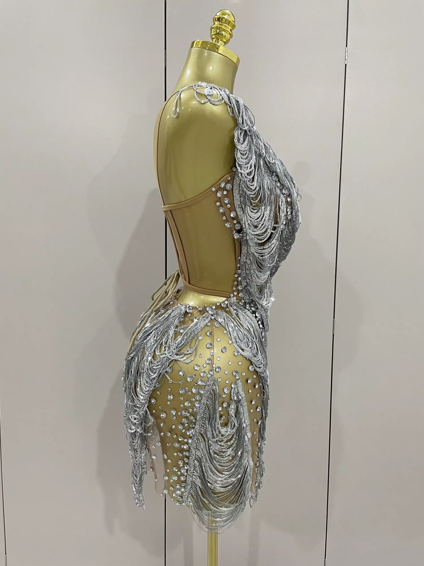 Sparkly Rhinestone Sequins Tassel Mesh One Shoulder Short Dress