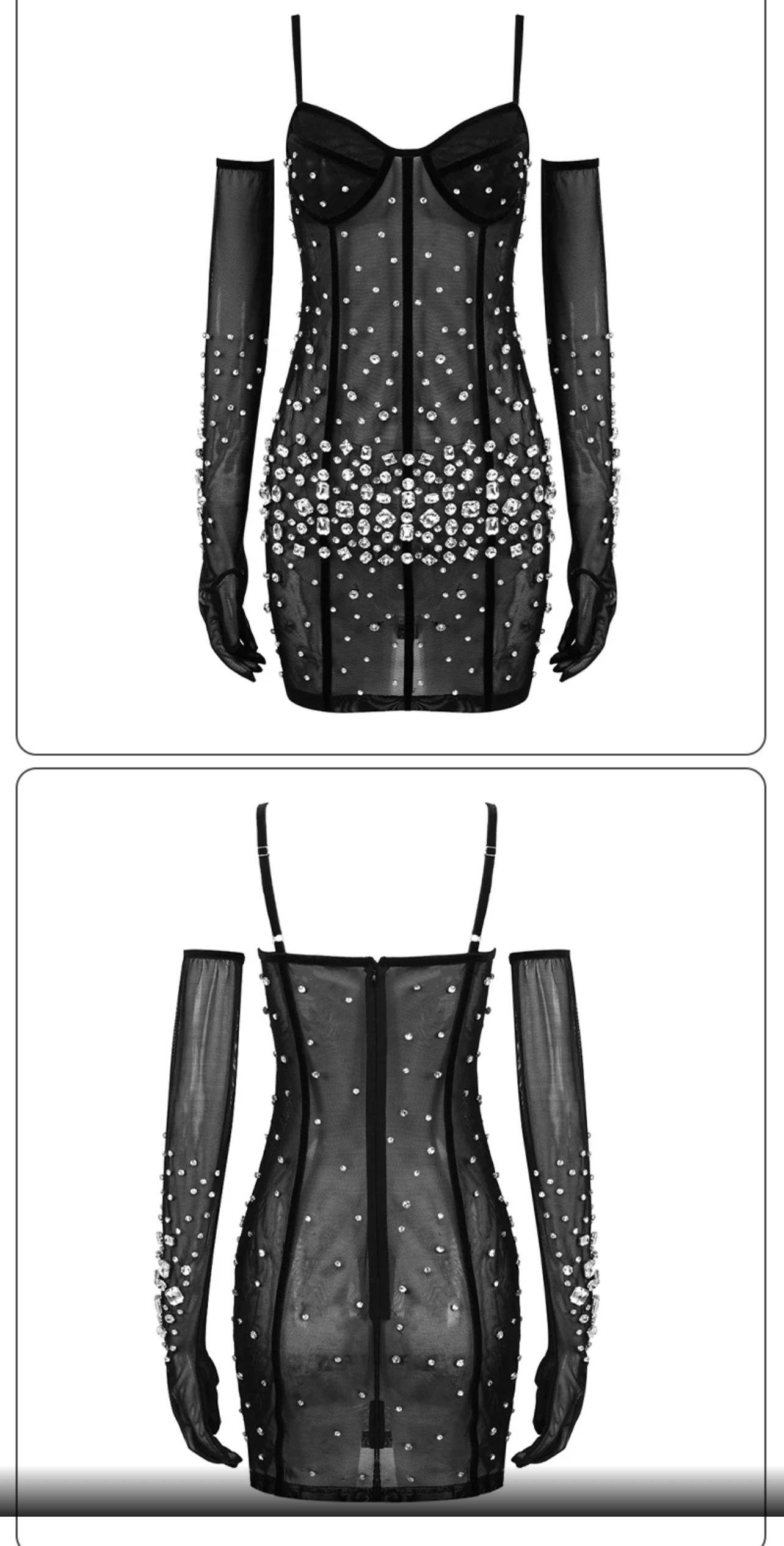 See Through Mesh Black Crystal Design Mini Dress - REBECATHELABEL