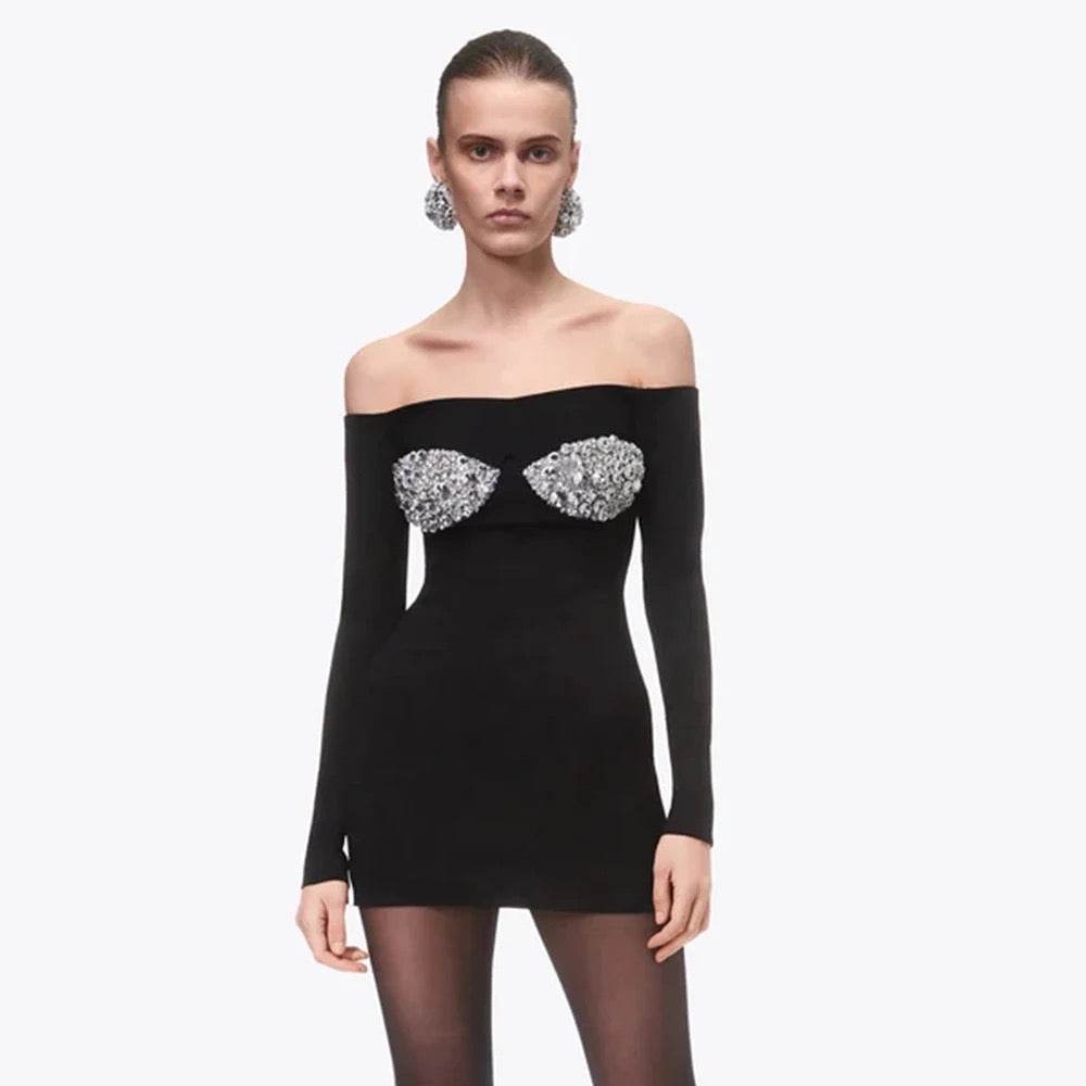 Beaded Diamond Sexy Off Shoulder Long Sleeve Party Dress - REBECATHELABEL
