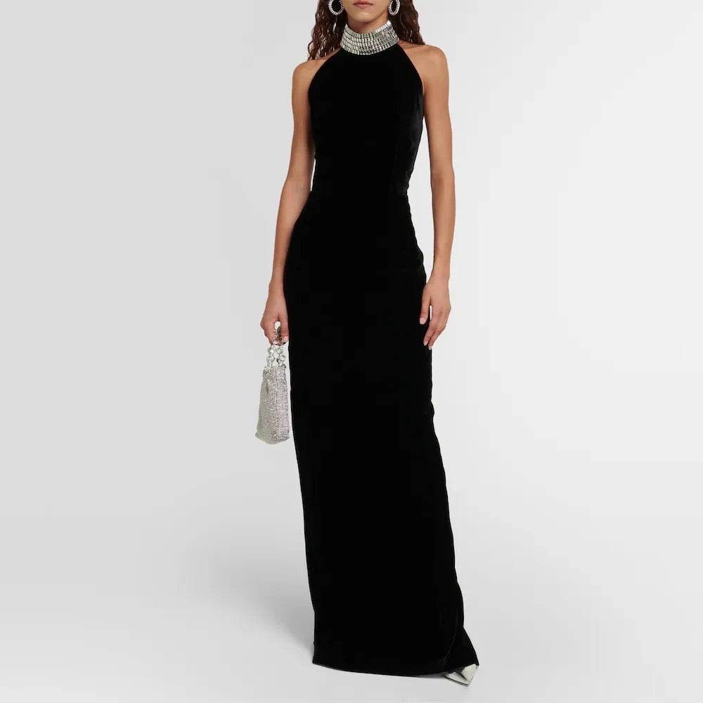 Black Diamond Necklace Sleeveless Open Back Sexy Long Dress - REBECATHELABEL