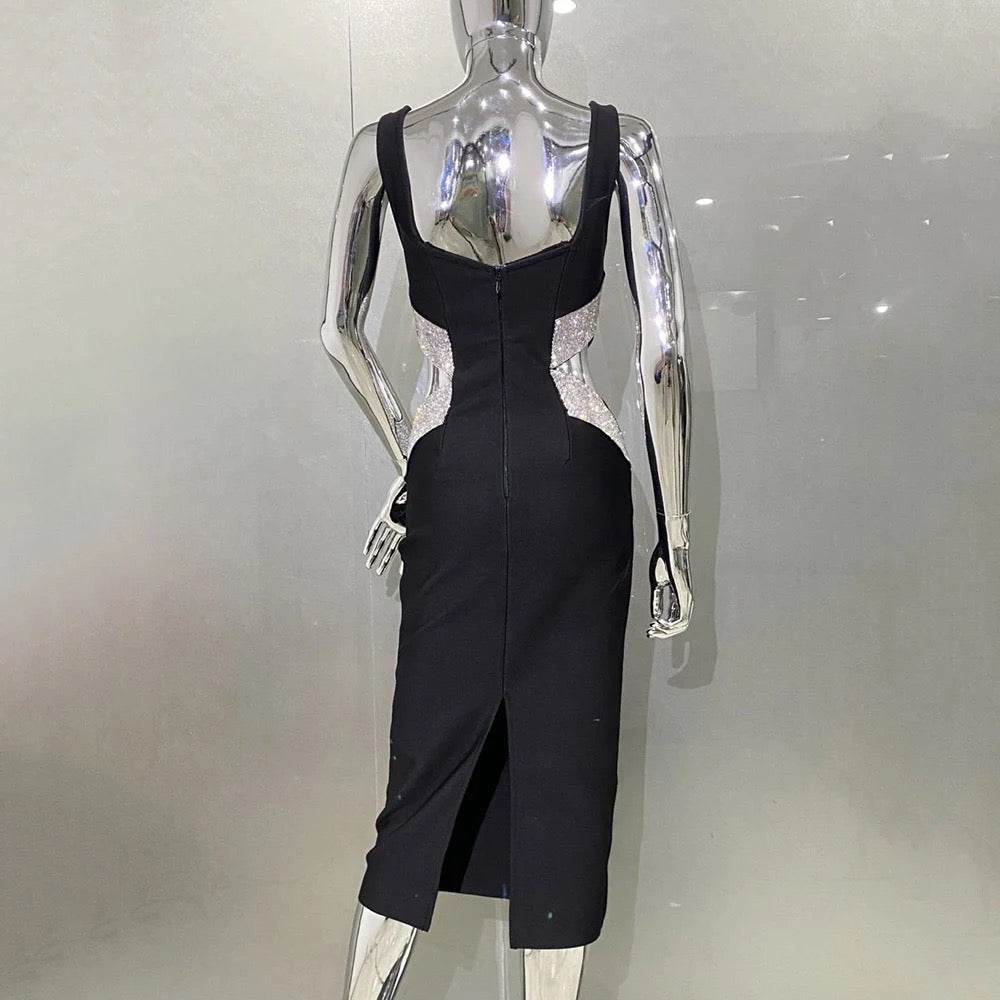 Black Sleeveless Sexy Square Neck Sparkling Diamond dress - REBECATHELABEL