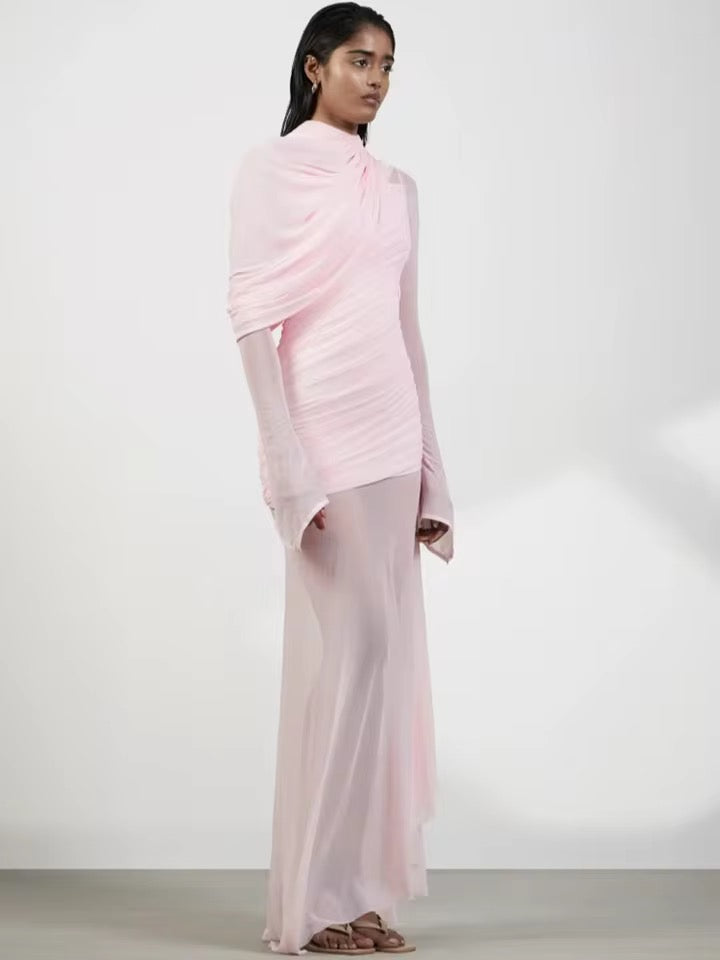 Solid Mesh Folds Shawl Design Slim Long Maxi Dress