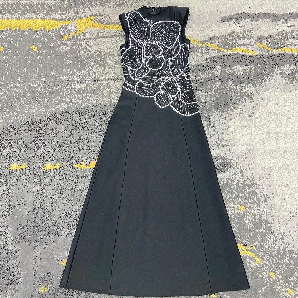 Sleeveless Orchid Pattern Diamond A-line Long Bandage Dress - REBECATHELABEL