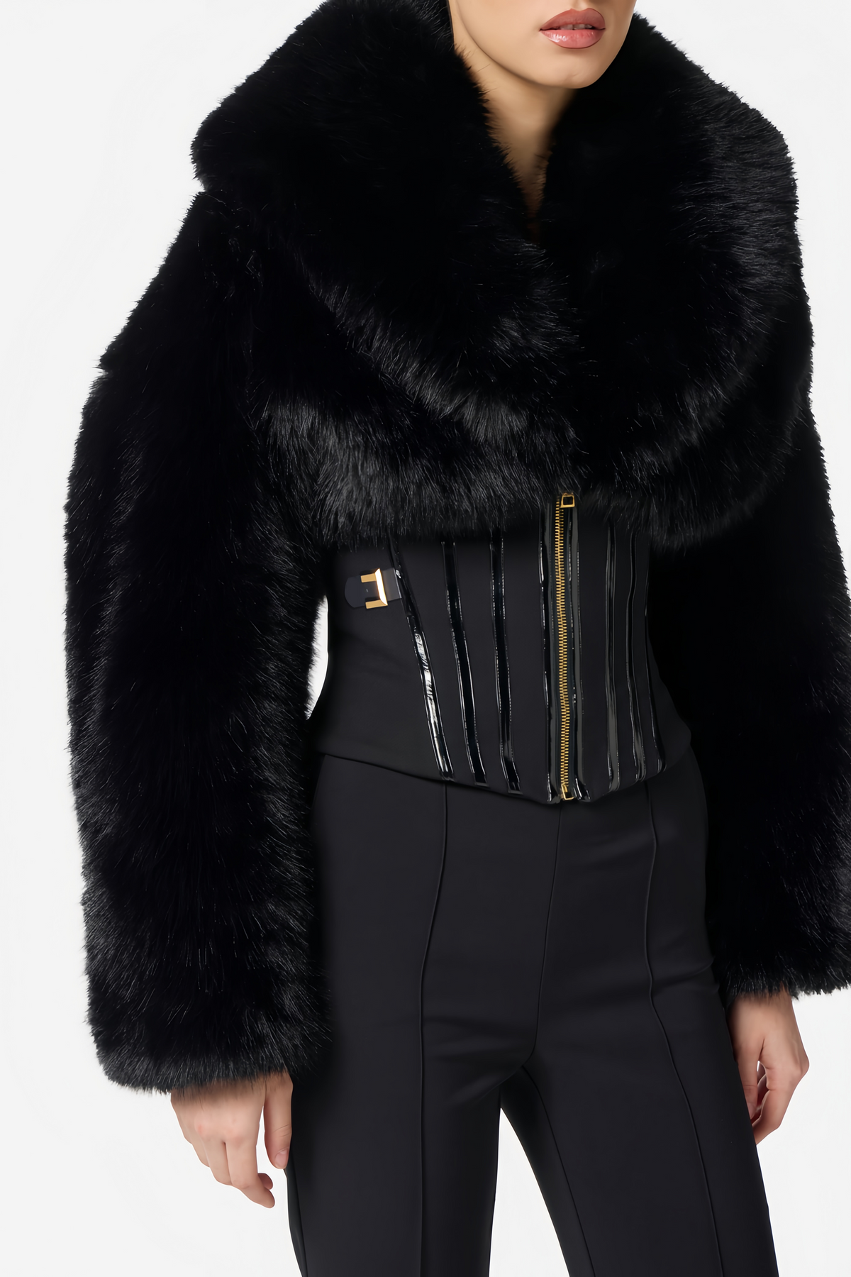 Black Faux-Fur Corset Panel Jacket