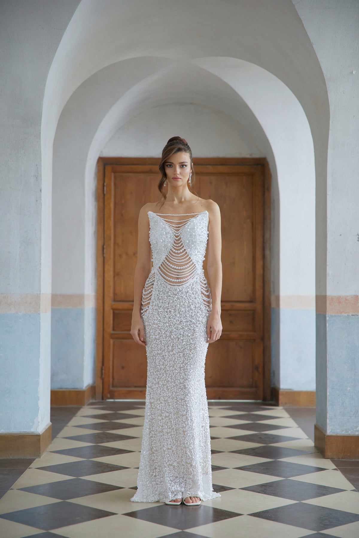 White Faux Pearl Mesh Maxi Gown