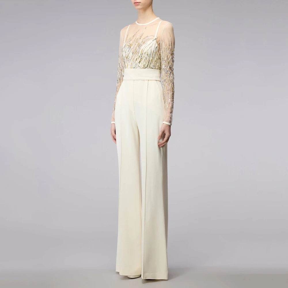 White Pearl Sequin Embroidered jumpsuit - REBECATHELABEL