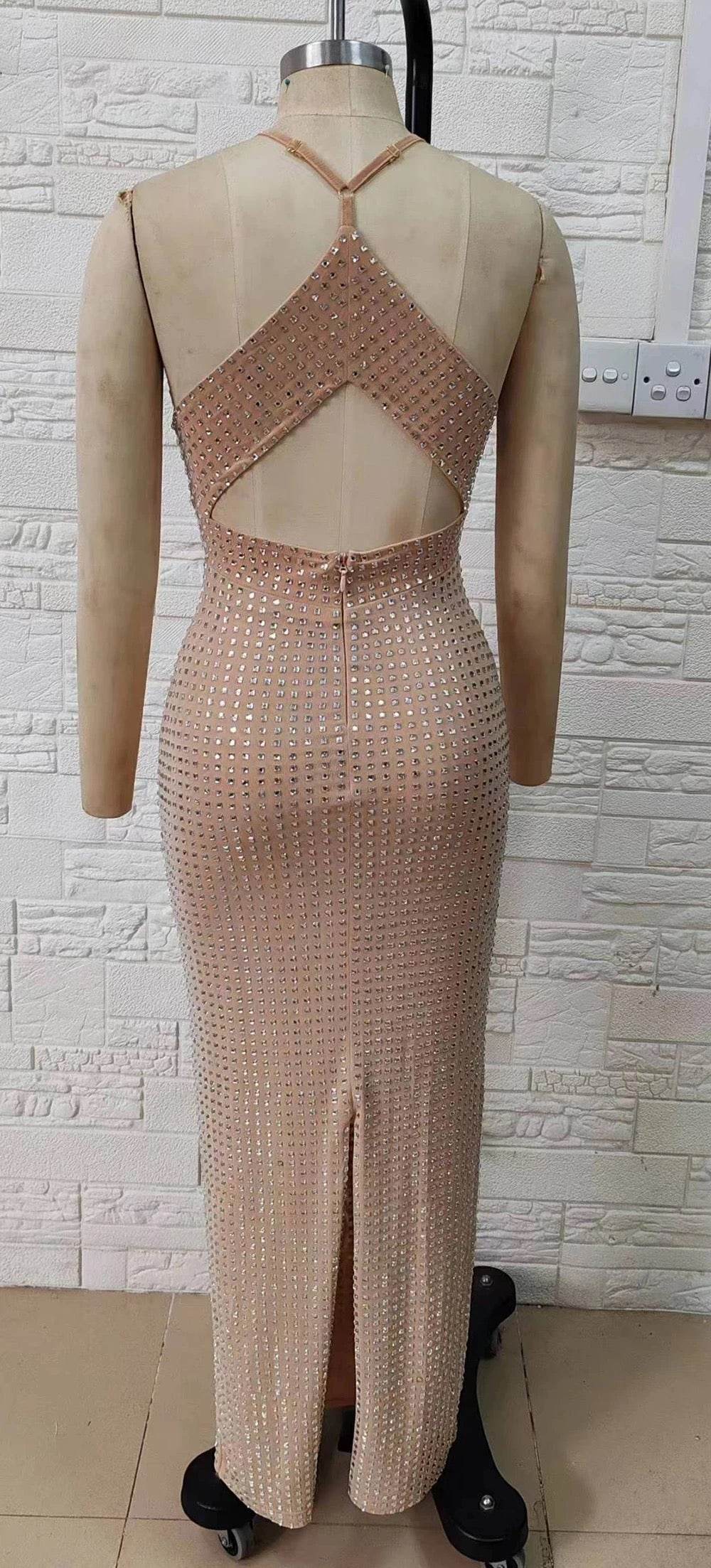 Khaki Sexy V-neck Hot Diamond Hollow Back Tight Maxi Dress - REBECATHELABEL