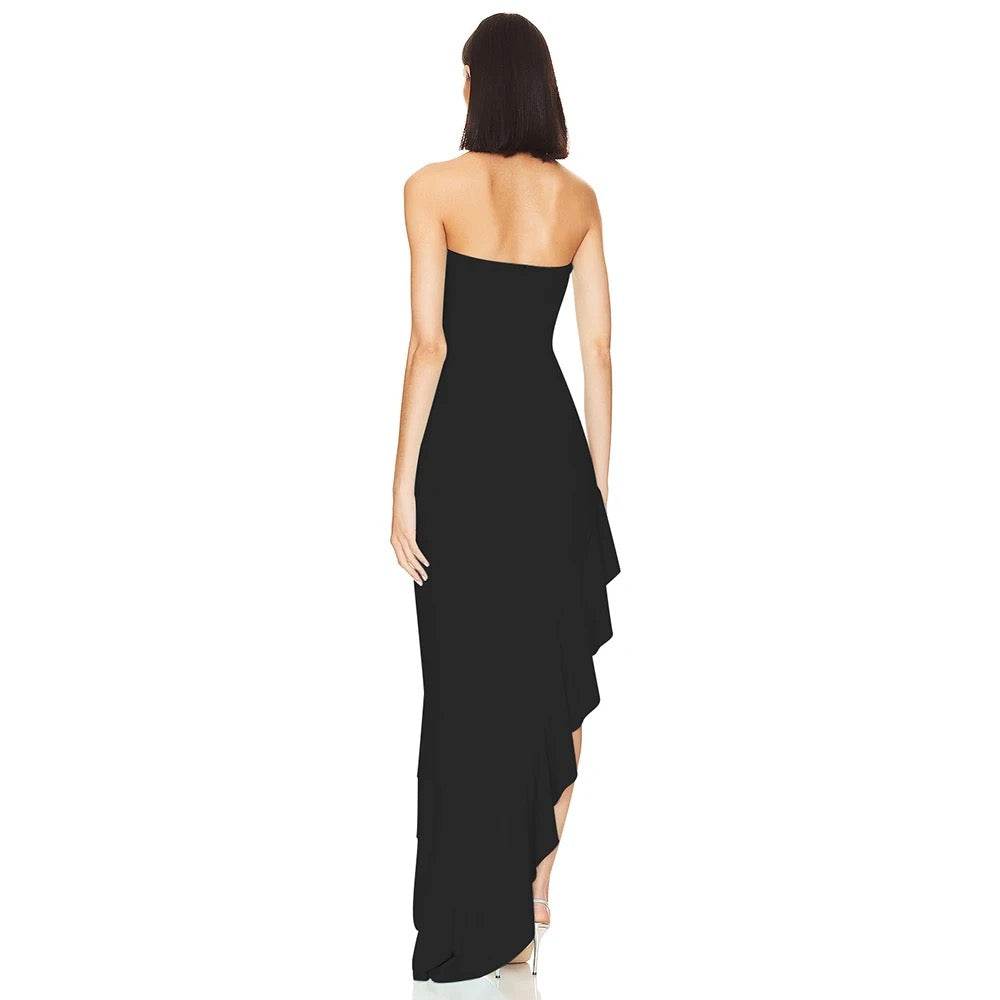 Strapless Asymmetric Ruffle Edge Long Bandage Dress - REBECATHELABEL