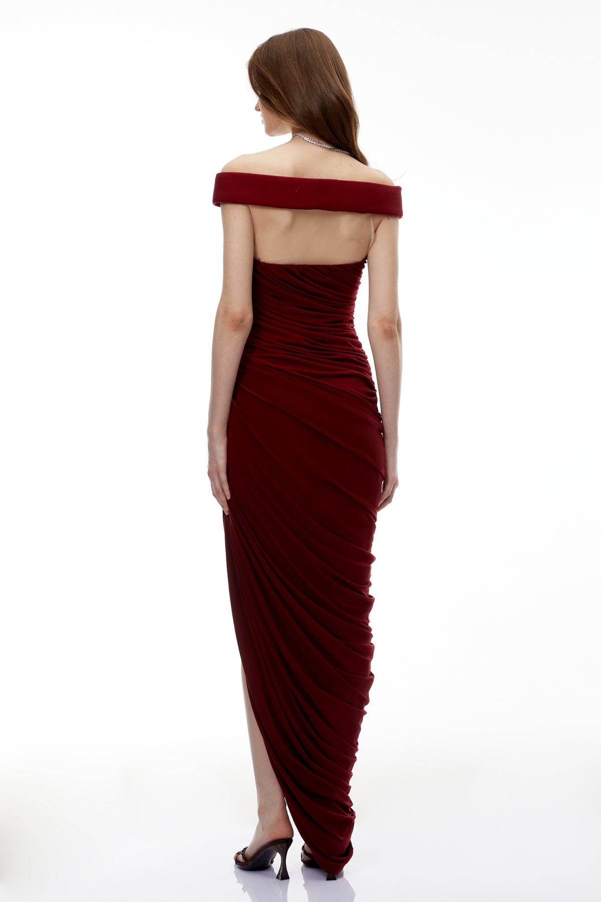 Red Off Shoulder Ruched Maxi Dress