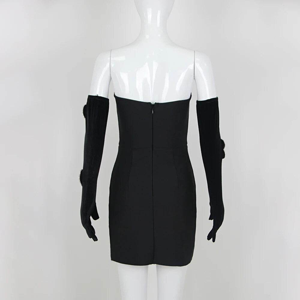 Off Shoulder Love Diamond Design Bandage Gloves Tight Mini dress - REBECATHELABEL