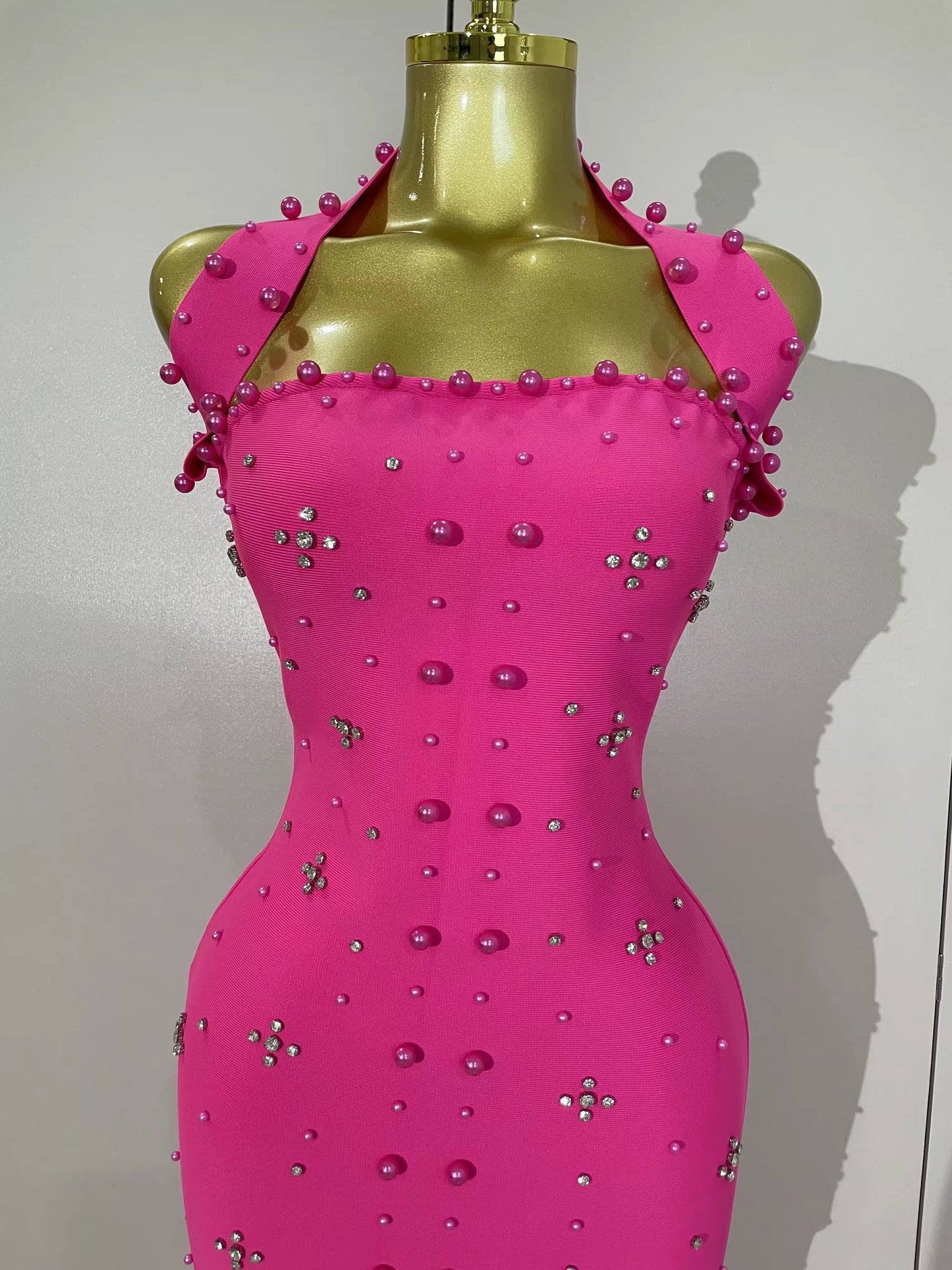 Sparkly Rhinestone Pearl Sleeveless Bodycon Bandage Long Dress