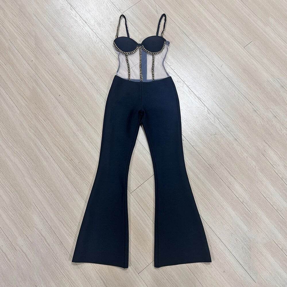 Black Mesh Spliced Chain Sexy Backless Sleeveless jumpsuit - REBECATHELABEL