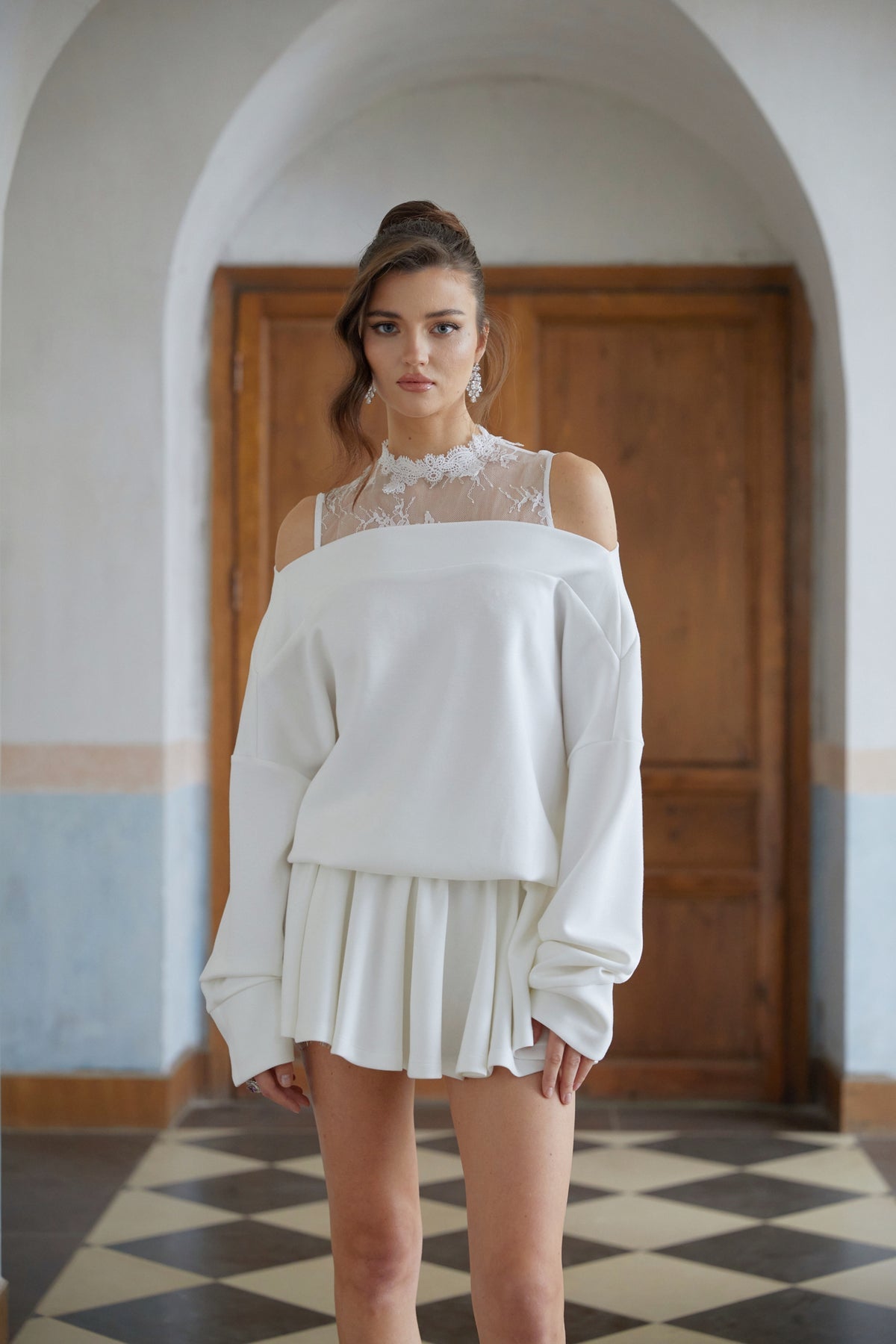 White Lace Detail Mini Sweatshirt Dress