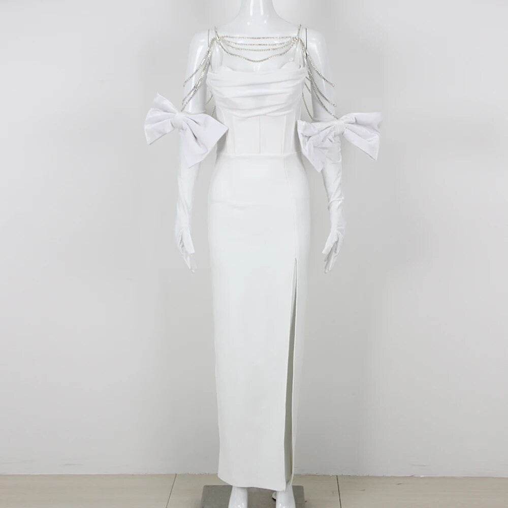 Crystal Chain Bow Mesh Maxi Long Bodycon Bandage Dress - REBECATHELABEL