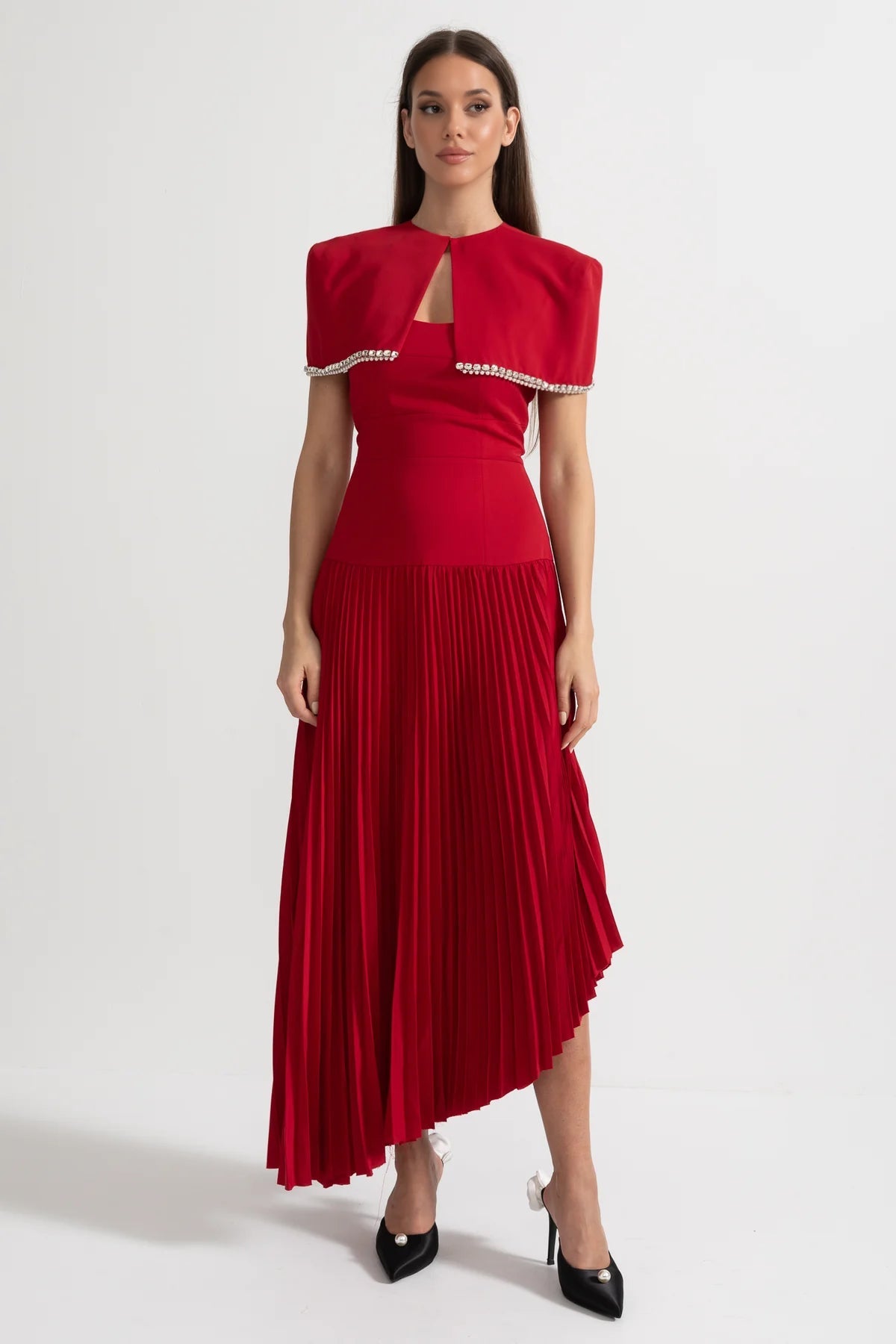 PLEATED MIDI DRESS WITH DETACHABLE EMBELLISHED SHOULDER CAPE - RED