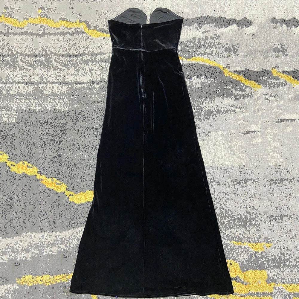 Velvet Sexy Strapless Lace Decoration V-neck Long dress - REBECATHELABEL