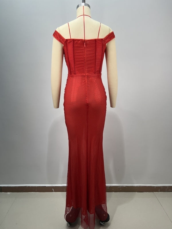 Shoulder-dropping Red Waist Slimming Sequined Dress
