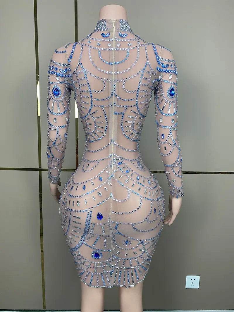 Long Sleeve Rhinestone Mesh Mini Dress - REBECATHELABEL