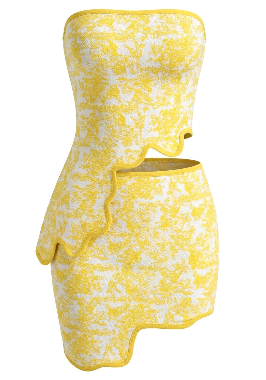 Strapless Scalloped Two Piece Dress Yellow