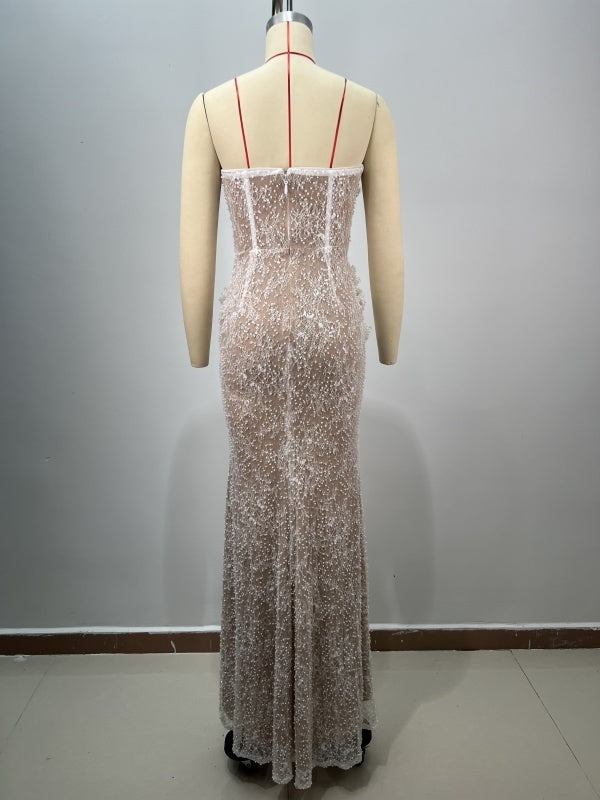 Lace Beads Tube Top White Flowers Wedding Dress For Dinner