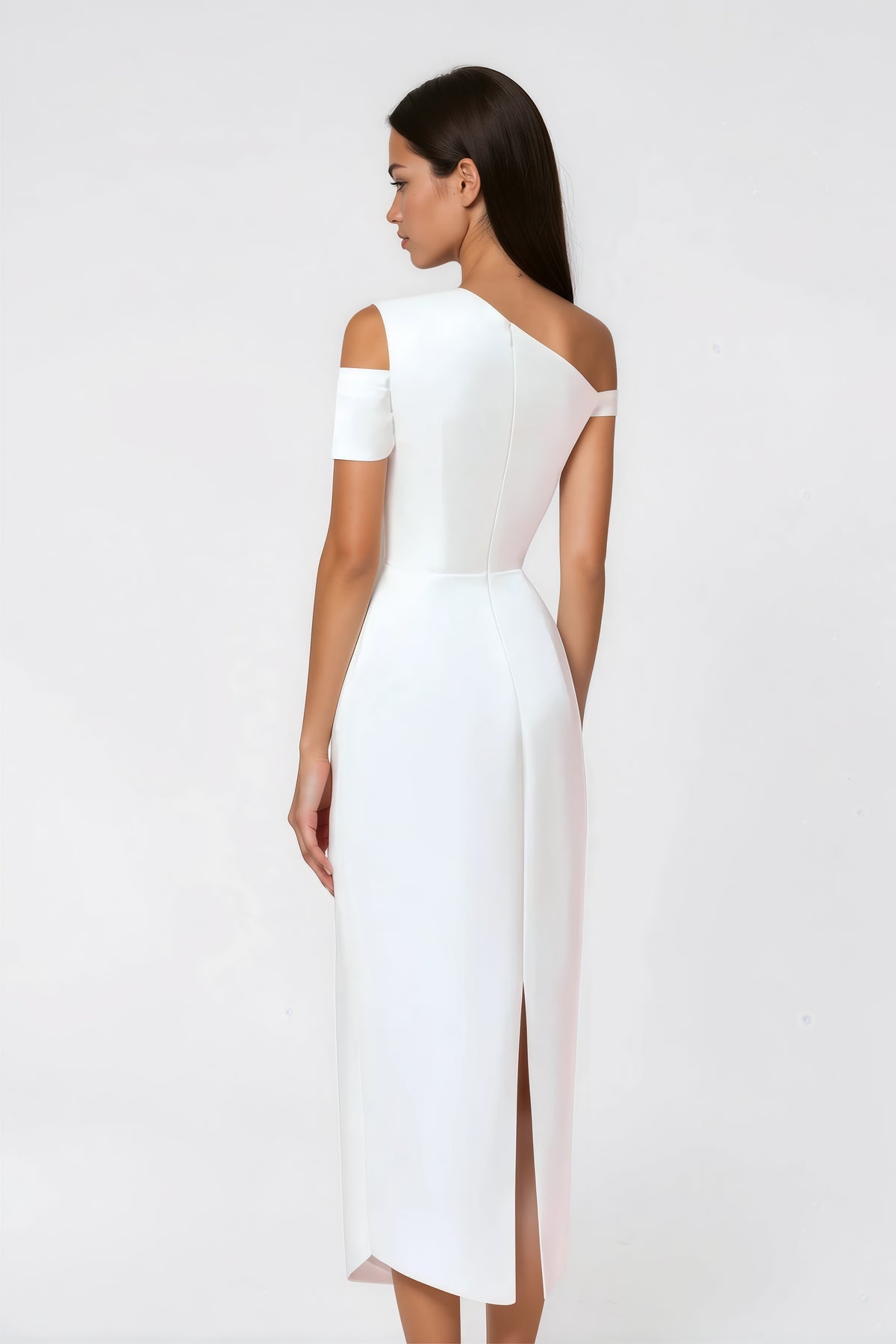 White One Shoulder Asymmetrical Midi Dress