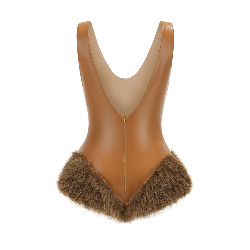Deep V Neck Faux Leather Fur Patchwork Bodysuit