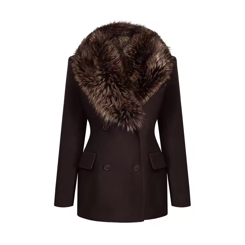 Fur Collar Woolen Patchwork Coat Long Sleeve Double Breasted