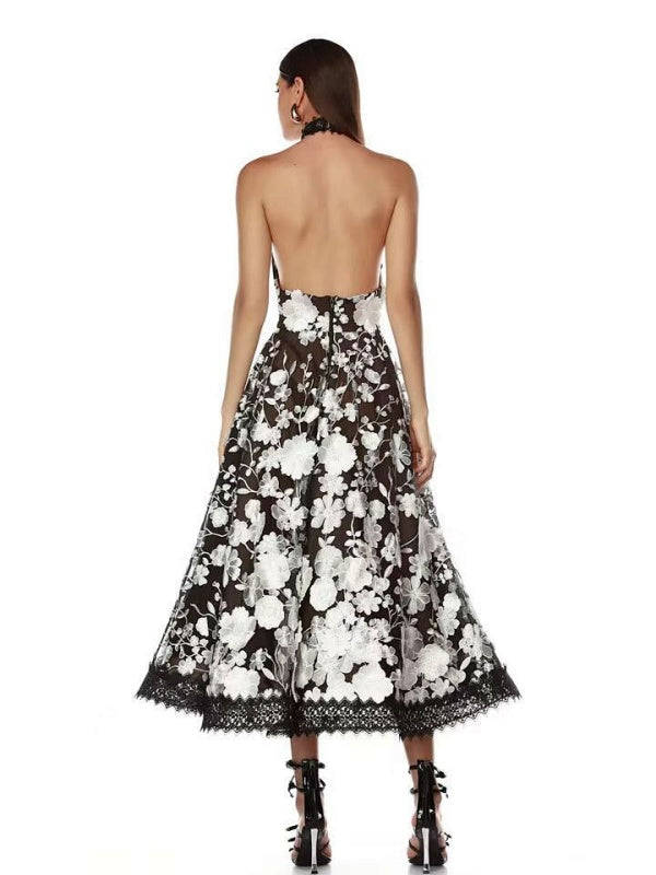 Embroidered Flower Halter Long Dress