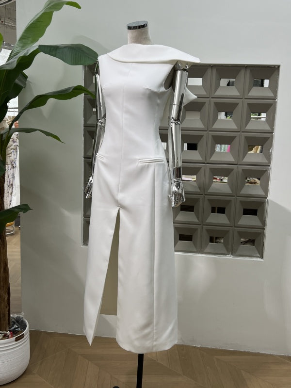 Long Dr with oulder awl Slit Waist Cinching dress