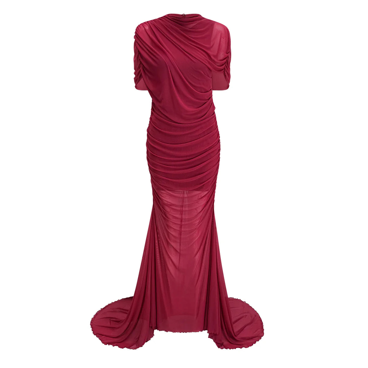 Red Asymmetrical Ruched Mesh Maxi Dress