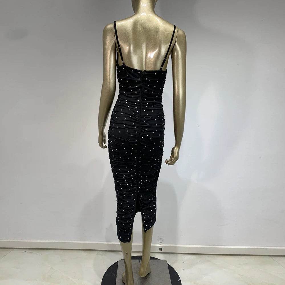 Italian Noodle Strap Black Diamond Draped Tight Midi Bandage Dress - REBECATHELABEL