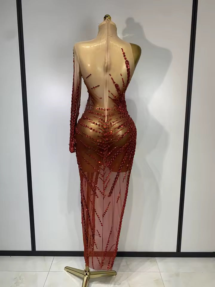Red Mesh See Through Diamonds Sequins Dress