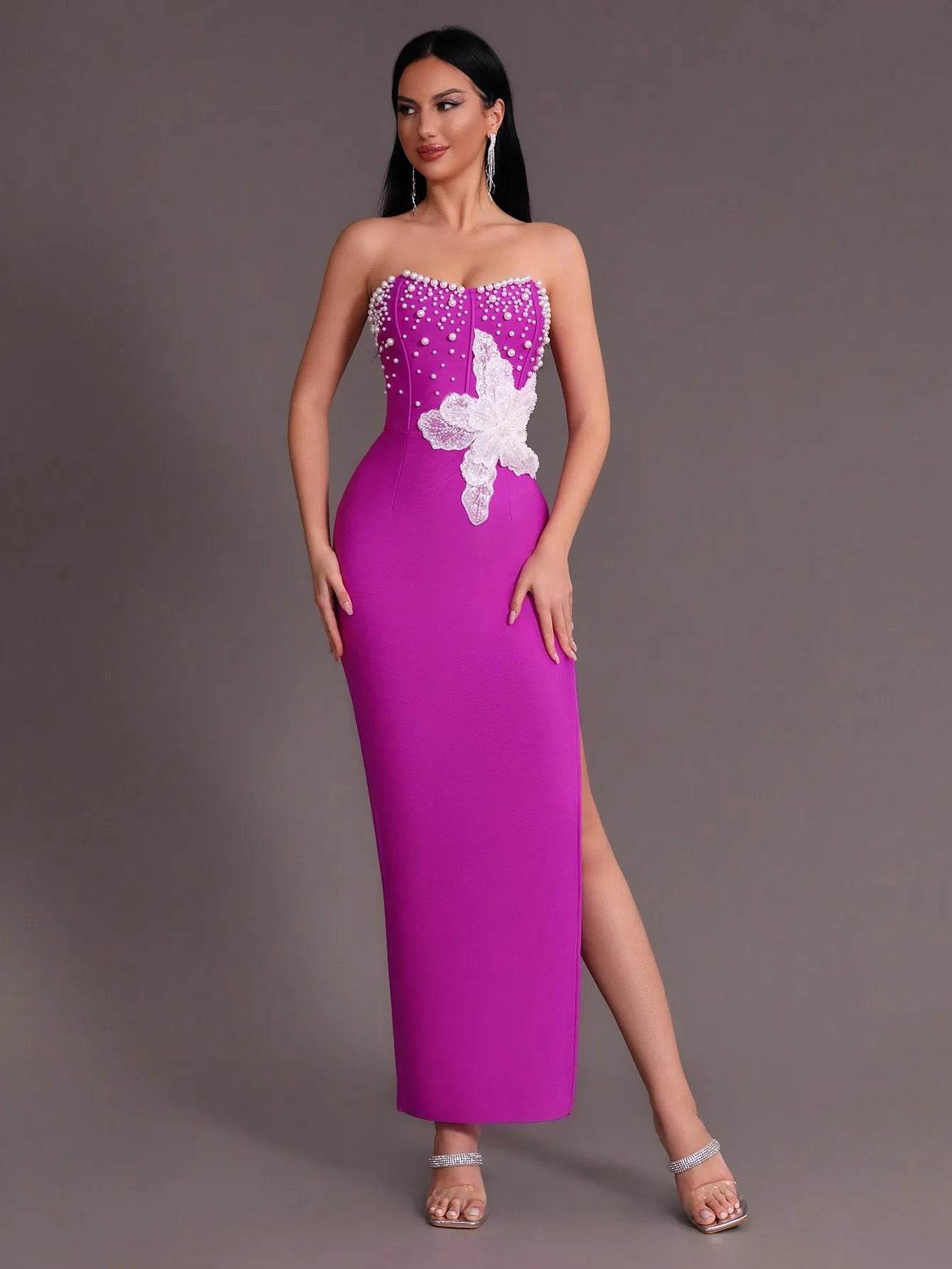 Beaded Sexy Strapless Side Split Long Bandage Dress - REBECATHELABEL