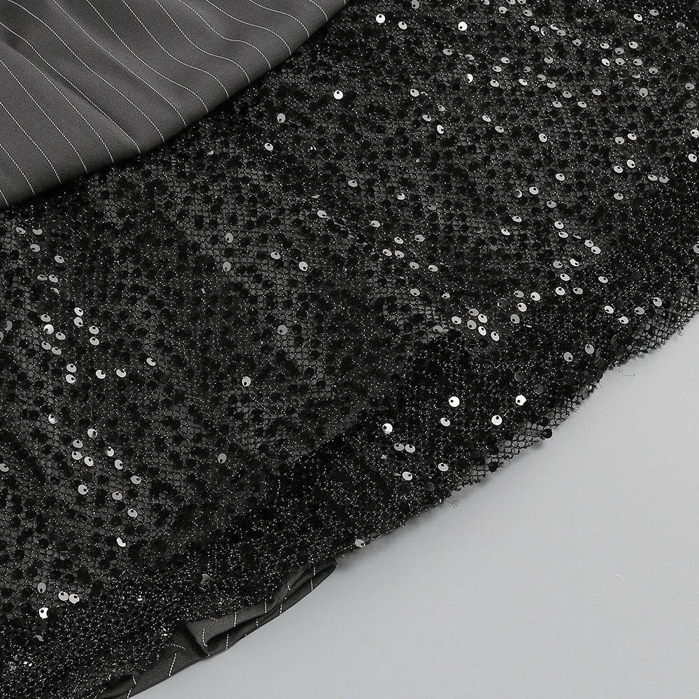 Black Pink Stripe A-line Diamond Sequins Long sleeved Sexy Mini Dress - REBECATHELABEL