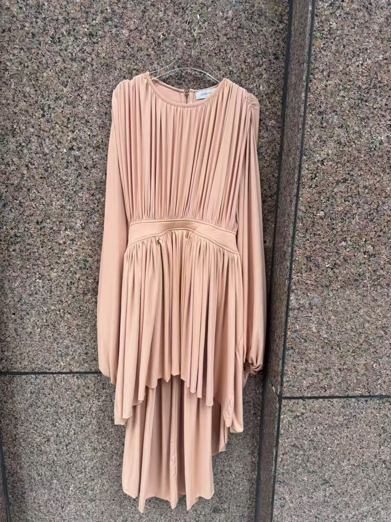 Brick-red Bat Long Sleeved Dress