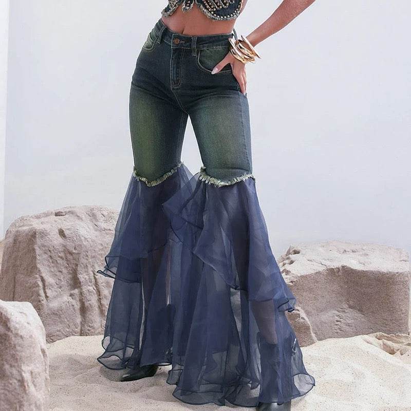 Sweet Denim Stitching Blooming Layered Chiffon Flare Trousers - REBECATHELABEL